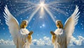 Two praying angels with rays of light over blue sky with stars with copy space in center Royalty Free Stock Photo