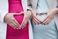 Two pregnant girlfriends holding on to belly hands in heart-shaped waiting for boy and girl pink and blue dress wives wedding Royalty Free Stock Photo