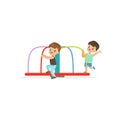 Two preschool boys playing on rotating roundabout carousel at playground. Cartoon flat vector illustration