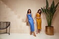 Two pretty beautiful woman brunette hair natural makeup wear fashion clothes sexy silk long dress midi style date party walk