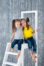 Two pretty cheerful girls sisters in jeans are sitting on a stepladder in front of a wooden wall background in studio