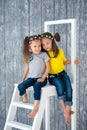 Two pretty cheerful girls sisters in jeans are sitting on a stepladder in front of a wooden wall background in studio