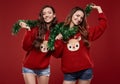 Two pretty crazy best friends in winter sweater having fun with Christmas garlands