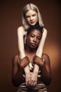 Two pretty girls african and caucasian blond posing cheerful together on browm background, etnithity diverse lifestyle Royalty Free Stock Photo