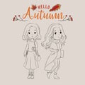 Two pretty girls in Autumn fashion apparel Outline