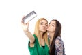 Two pretty girls blonde and brunette taking funny selfie , kiss