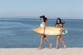 Two pretty girls are walking along the sandy beach near the sea and holding together a yellow surfboard in their hands Royalty Free Stock Photo