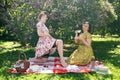 Two pretty pin up ladies having nice picnic in the city park in a sunny day together. girls friends enjoy hot summer weather. beau Royalty Free Stock Photo