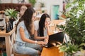 Two pretty slim girls with long dark hair,wearing casual style,sit at the table and look attentively at the laptop Royalty Free Stock Photo