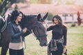 Two pretty woman enjoying horse company, inspires hobby and love of horses Royalty Free Stock Photo