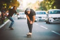 Two pro skateboard rider ride skate through cars on street