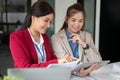 Two professional Asian businesswomen are examining a project's details and working on it together