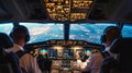 Two professional aviators sitting in cockpit during flight