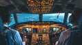 Two professional aviators sitting in cockpit during flight