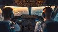 Two professional aviators sitting in cockpit during flight