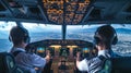 Two professional aviators sitting in cockpit during flight