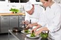 Two professional chefs prepares steak dish at gourmet restaurant Royalty Free Stock Photo