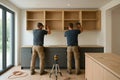 Two professional craftsmen installing upper kitchen cabinets in a modern bright interior Royalty Free Stock Photo