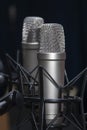 Two professional studio microphones on stands, podcasting, voiceover