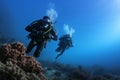 Two professional technical scuba free diver wetsuit swimming moves exploring analysis research underwater coral reef Royalty Free Stock Photo