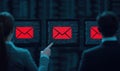Two professionals analyze data on screens displaying red email icons in a dark, tech-focused environment