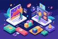 Two professionals analyze UI and UX concepts with colorful customizable isometric graphics in a digital space UI UX differences Royalty Free Stock Photo