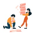Two professionals balancing a precarious pile of paperwork, depicting the daily challenge of office tasks