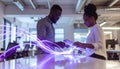 Two Professionals Collaborating on Interactive Digital Display in Modern Office with Futuristic Light Interface Royalty Free Stock Photo