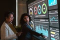Two professionals review a large interactive analytics dashboard, discussing charts and metrics on a touchscreen in a modern Royalty Free Stock Photo