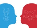 Two profiles with democrat and republican icons. Donkey Elephant Heads. Profile Democrat Republican. Two face to face men