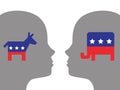 Two profiles with democrat and republican icons. Donkey Elephant Heads. Profile Democrat Republican. Two face to face men