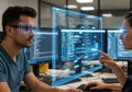 Futuristic programmers interacting with holographic code and data visualization {Ai generated Royalty Free Stock Photo
