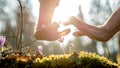 Two protective hands above fragile wild flowers