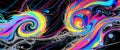 Two psychedelic, swirling vortexes of neon paint and splattering colors against a deep black background Royalty Free Stock Photo