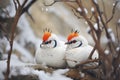 two ptarmigans nestled in a snowy hollow Royalty Free Stock Photo