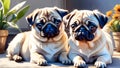 Two pug puppies resting side by side. AI created.
