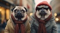 Two pugs wearing winter clothes and hats. AI Royalty Free Stock Photo