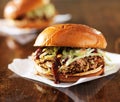 Two pulled pork barbecue sandwiches