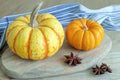 Two pumkins on cutting board, still life Royalty Free Stock Photo