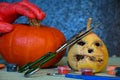 Two pumpking preparing to become a Halloween decortion.