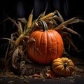 Two pumpkins and dry corn cobs with leaves. Dark background. Pumpkin as a dish of thanksgiving for the harvest Royalty Free Stock Photo