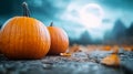 Two pumpkins rest on the ground, framed by a full moon against a backdrop of a dark sky dotted with clouds Royalty Free Stock Photo