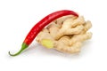 Ginger root and red chili on a white background