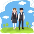 Two pupils with backpack go to school holding hands. Royalty Free Stock Photo