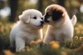 Two puppies of breed Samoyed in the summer in the park Royalty Free Stock Photo