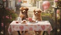 two puppies, chase heart-shaped balloons on a sunlit day love concept