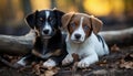 Two puppies lying on autumn leaves in golden light