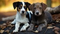 Two puppies lying on autumn leaves in golden light