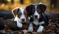 Two puppies lying on autumn leaves in golden light