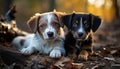 Two puppies lying on autumn leaves in golden light